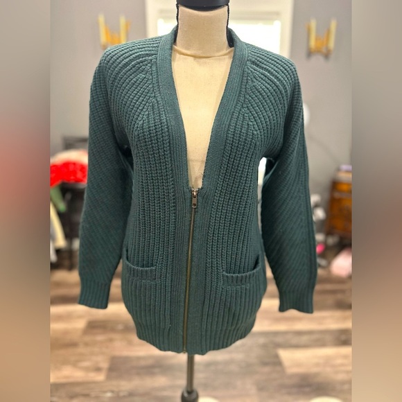 Madewell Merino Wool Zip Cardigan Sweater Ribbed V Neck Green Small Knit Chunky - Picture 1 of 7